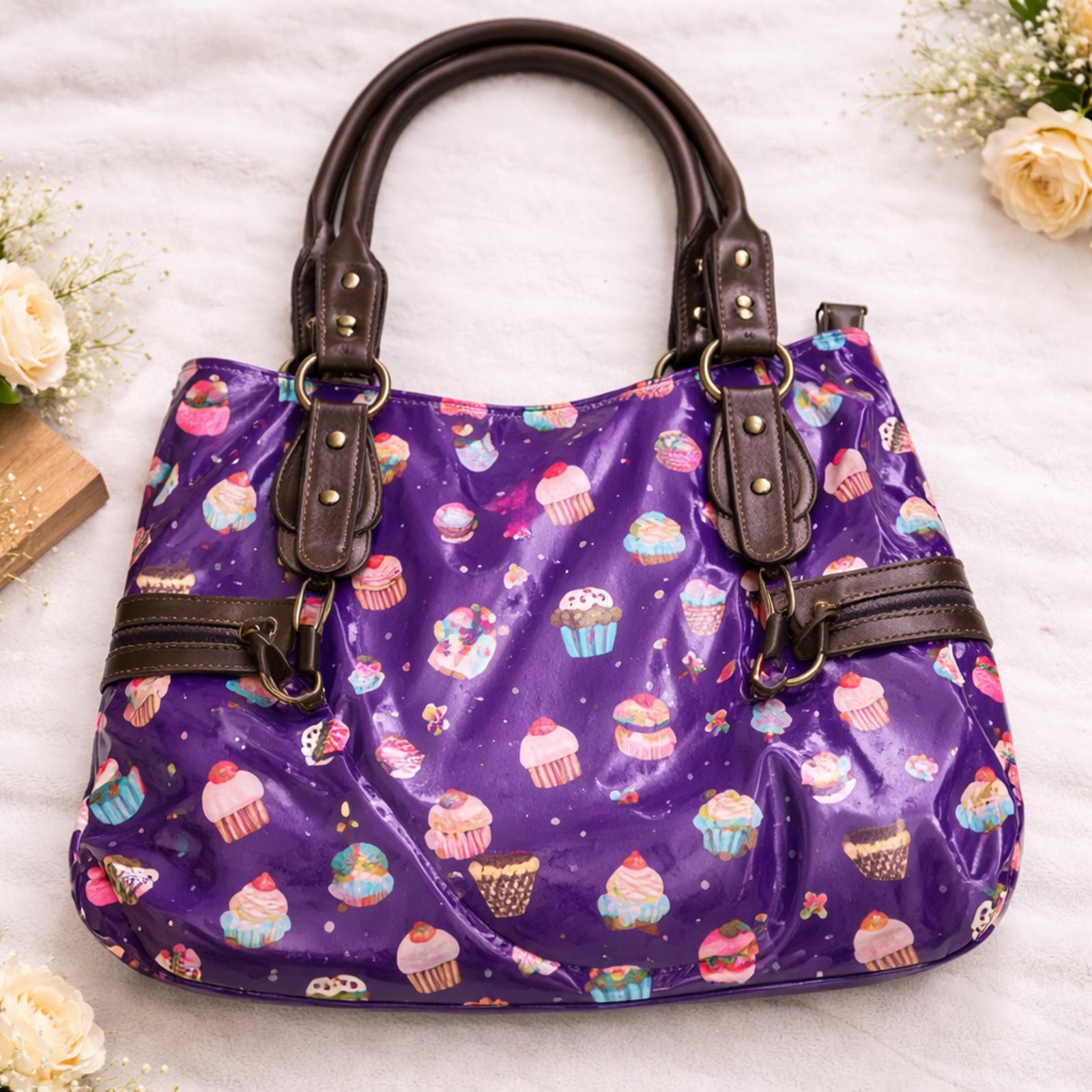 Purple Cupcake Print Handbag / Shoulder Bag – Zip Top, Pockets, Brown Handles