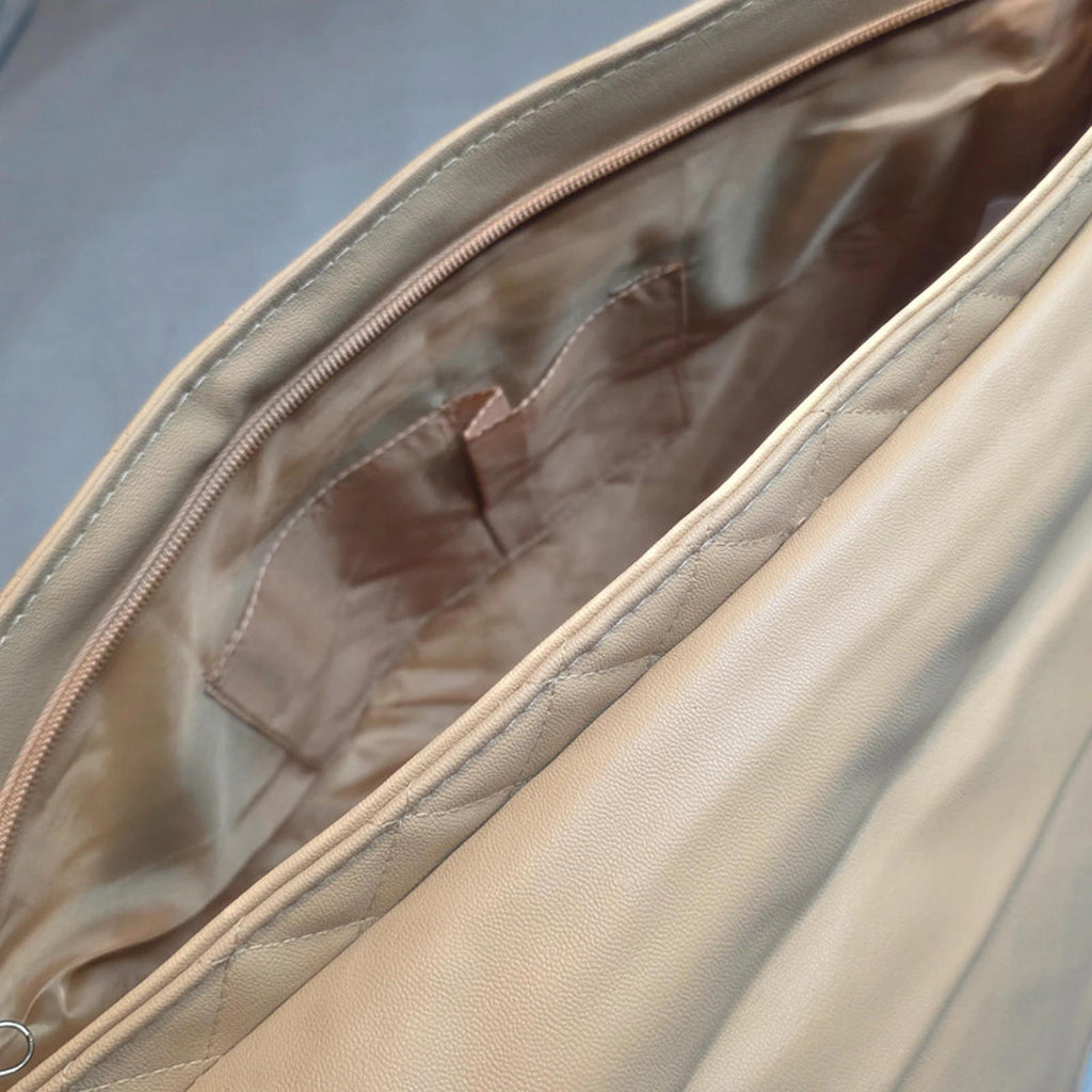 Beige Quilted Shoulder Messenger Bag 40cm Gold Buckle 2 Front Pockets Zip Top